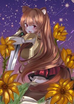 1girl absurdres animal_ear_fluff animal_ears armor black_dress boots breastplate breasts brown_armor brown_boots brown_gloves brown_hair commentary_request double-parted_bangs dress elbow_gloves flower gloves hands_on_hilt highres kneeling kuroshiro030 large_breasts leather_armor long_hair long_sleeves metal_arm_cuffs metal_wrist_cuffs partial_commentary pauldrons pink_eyes pinstripe_dress pinstripe_pattern purple_sky raccoon_ears raccoon_girl raccoon_tail raphtalia red_dress short_dress shoulder_armor sky sleeveless sleeveless_dress solo star_(sky) starry_sky straight_hair tail tate_no_yuusha_no_nariagari thigh_boots thighhighs two-tone_dress white_dress yellow_flower zettai_ryouiki