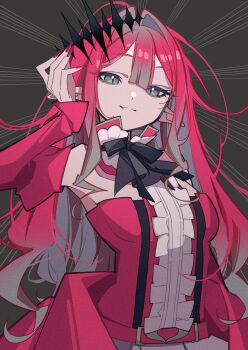 1girl absurdres baobhan_sith_(fate) baobhan_sith_(first_ascension)_(fate) bare_shoulders black_bow blunt_bangs bow breasts center_frills closed_mouth detached_collar detached_sleeves dress fang fate/grand_order fate_(series) frills grey_eyes hair_between_eyes highres kafueore large_breasts long_hair long_sleeves looking_at_viewer nail_polish pink_hair pointy_ears red_dress sidelocks smile solo tiara upper_body