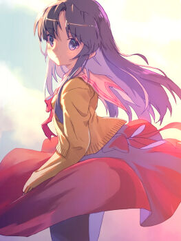 1girl akayama_yukihe black_hair blue_eyes blurry blurry_background blush bow closed_mouth collared_shirt commentary_request floating_clothes floating_hair from_side kawana_misaki long_hair looking_at_viewer one_-_kagayaku_kisetsu_e parted_bangs red_bow red_skirt sailor_collar school_uniform shirt sidelighting simple_background skirt smile solo split_mouth standing sweater tareme white_sailor_collar yellow_sweater