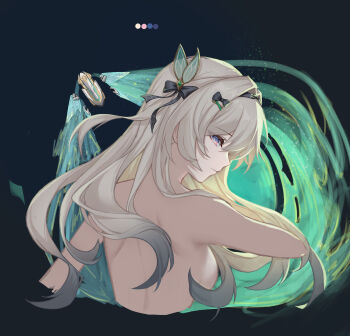 1girl absurdres black_background black_bow black_hairband bow breasts changgeng_changgeng! chinese_commentary commentary_request firefly_(honkai:_star_rail) grey_hair hair_bow hair_intakes hair_ornament hairband hairclip highres holding honkai:_star_rail honkai_(series) long_hair looking_at_viewer nude purple_eyes simple_background small_breasts solo upper_body