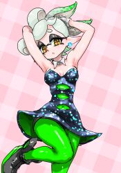 Rule 34 | 1girl, ankle boots, armpits, arms up, black dress, black footwear, boots, bow-shaped hair, breasts, cleavage, covered navel, cross-shaped pupils, detached collar, dress, earrings, gloves, green hair, green pantyhose, highres, jewelry, koharu2.5, marie (splatoon), medium breasts, mole, mole under eye, nintendo, pantyhose, pointy ears, red pupils, short dress, short hair, solo, splatoon (series), splatoon 1, strapless, strapless dress, symbol-shaped pupils, tentacle hair, white gloves, yellow eyes