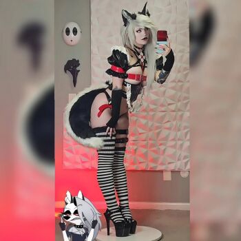 anal_beads anal_tail animal_ears butt_plug cosplay fake_tail hellaverse helluva_boss leather loona_(helluva_boss) luceil_hime real_life sex_toy socks tail thighhighs white_hair wolf_ears wolf_girl wolf_tail