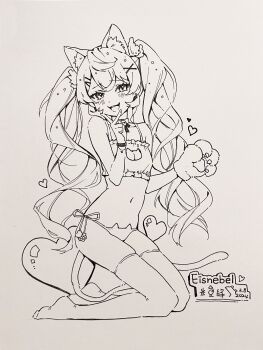 1girl animal_ears animal_hands bra breasts cat_cutout cat_ear_panties cat_ears cat_girl cat_lingerie cat_tail celestial_(vtuber) choker cleavage cleavage_cutout clothing_cutout eisnebel gloves highres kneeling long_hair looking_at_viewer midori_fufu navel no_shoes open_mouth panties paw_gloves side-tie_panties sketch small_breasts smile solo springfish_studio tail thighhighs twintails underwear very_long_hair virtual_youtuber