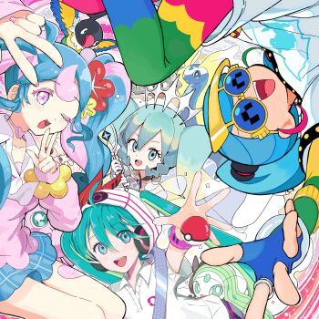 Rule 34 | 4girls, aqua eyes, aqua hair, aqua skirt, arm up, beak, beanie, bird, bird wings, black dress, blue eyes, blue hair, blush, chatot, choker, closed eyes, closed mouth, collar, collared shirt, colored eyelashes, commentary request, dress, earrings, eyewear on head, fairy miku (project voltage), fingerless gloves, fingernails, flower, gen 1 pokemon, gen 4 pokemon, gen 5 pokemon, geodude, gloves, green hair, hair between eyes, hair flower, hair ornament, hat, hatsune miku, headphones, heart, heart choker, highres, irasutogakari, jacket, jewelry, jigglypuff, legendary pokemon, long hair, looking at another, looking at viewer, meloetta, meloetta (aria), miniskirt, multiple girls, multiple persona, musical note, mythical pokemon, nail polish, neckerchief, nintendo, normal miku (project voltage), official alternate costume, official alternate hairstyle, one eye closed, open mouth, parrot, pink choker, pink hair, pink jacket, pink nails, pink shirt, plaid clothes, plaid skirt, poke ball, poke ball print, poke ball symbol, pokemon, pokemon (creature), pokemon day, project voltage, psychic miku (project voltage), red flower, rock miku (project voltage), scrunchie, sheet music, shirt, shoes, single glove, skirt, smile, sunglasses, teeth, twintails, v, very long hair, vocaloid, white collar, white gloves, white neckerchief, white shirt, wings, wrist scrunchie, yellow flower