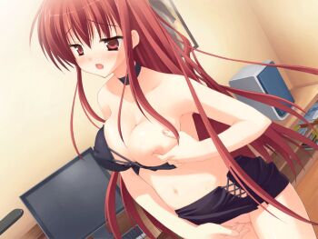 1girl animated animated_gif blush bra bra_pull breast_hold breast_slip breasts choker clothes_lift clothes_pull computer computer_keyboard empty_x_embryo female_focus female_masturbation fingering game_cg kifune_mio kobuichi large_breasts lingerie long_hair masturbation miniskirt muririn nipple_rub nipple_stimulation nipple_tweak nipples no_panties one_breast_out open_mouth pussy pussy_juice red_eyes red_hair rub rubbing skirt skirt_lift solo standing uncensored underwear