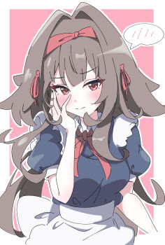 1girl absurdres alternate_costume animal_ears apron brown_hair commentary dress droopy_ears embarrassed fox_ears fox_girl hand_on_own_face headband highres hutsugyou long_hair pink_background puffy_short_sleeves puffy_sleeves red_eyes ribbon short_sleeves spoken_blush white_background ye_shunguang zenless_zone_zero