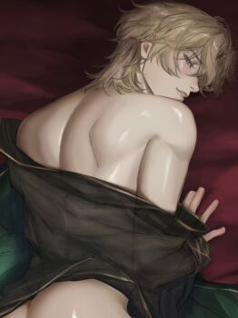 1boy ass aventurine_(anan)_(honkai:_star_rail) aventurine_(honkai:_star_rail) back black_pajamas blonde_hair blush chamomilde commentary english_commentary highres honkai:_star_rail honkai_(series) looking_at_viewer male_focus nose pajamas parted_lips shiny_skin short_hair solo teeth