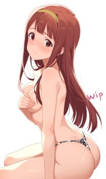 1girl ass back bad_source baji_toufuu_(bajitohfu) blush breasts brown_eyes brown_hair butt_crack cleavage covering_nipples covering_privates hairband highres idolmaster idolmaster_shiny_colors looking_at_viewer medium_breasts simple_background sitting solo straight_hair tanaka_kotoha thighs thong topless_female underwear underwear_only unfinished white_background yellow_hairband