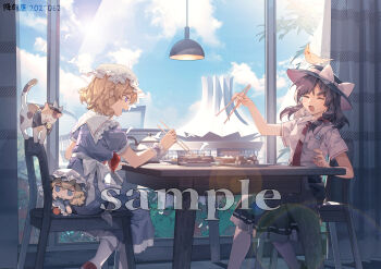 2girls animal animal_on_head bell bird bird_on_head black_skirt blonde_hair blue_sky bow bowl bowl_hat breast_pocket brown_hair capelet cat chair chopsticks closed_eyes clothed_animal collared_shirt curtains dress frilled_capelet frilled_dress frilled_skirt frills fumo_(doll) furahata_gen hanging_light hat hat_bow hat_ribbon highres holding holding_chopsticks jingle_bell kettle maribel_hearn mob_cap multiple_girls nanning_(china) necktie on_chair on_head open_mouth orange_cat plaid_curtains pocket puffy_short_sleeves puffy_sleeves purple_dress purple_eyes red_necktie ribbon ribbon-trimmed_skirt ribbon_trim shirt short_sleeves shumai_(food) skirt sky sunlight table thighhighs touhou usami_renko waist_ribbon white_capelet white_hat white_ribbon white_thighhighs window