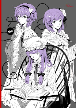 Rule 34 | 3girls, absurdres, book, bow, chair, color connection, crescent, crescent hat ornament, frilled sleeves, frills, fur trim, grey background, hair bow, hair color connection, hairband, hat, hat ornament, heart, heart hairband, hieda no akyuu, highres, holding, holding book, holding pen, komeiji satori, mob cap, multiple girls, neck ribbon, on chair, one eye closed, patchouli knowledge, pen, purple hair, reading, ribbon, ribbon-trimmed collar, ribbon trim, spot color, st563, third eye, touhou, wide sleeves