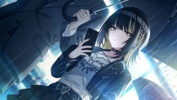 1boy 1girl belt_collar black_collar black_hair black_jacket black_nails blonde_streaks butterfly_ornament cellphone closed_mouth collar colored_inner_hair commentary dutch_angle english_commentary expressionless fingernails formal_clothes game_cg hair_ornament holding holding_phone holding_umbrella idolmaster idolmaster_shiny_colors ikaruga_luca jacket leather leather_jacket multicolored_hair nail_polish official_art phone rain shirt smartphone standing streaked_hair suit third-party_source umbrella x_hair_ornament yellow_eyes