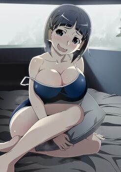 1girl bedwetting black_hair blush breasts cleavage collarbone commentary_request competition_school_swimsuit gesugesu_ahoaho heavy_breathing highres huge_breasts kirigaya_suguha on_bed open_mouth pillow school_swimsuit solo swimsuit sword_art_online thighs