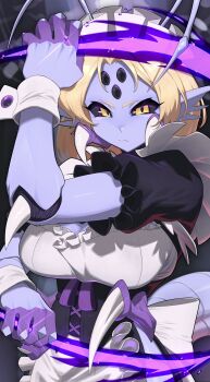 1girl absurdres animal_ears antennae apron arthropod_girl black_corset black_dress black_sclera blonde_hair breasts closed_mouth colored_sclera colored_skin commission corset dress dual_wielding energy_blade freefgp frilled_apron frills highres holding holding_weapon large_breasts looking_at_viewer maid maid_headdress original puffy_short_sleeves puffy_sleeves purple_skin short_hair short_sleeves solo spikes upper_body vgen_commission waist_apron weapon white_apron white_wrist_cuffs wrist_cuffs yellow_eyes