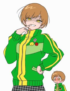 Rule 34 | 2girls, blush, brown eyes, brown hair, closed mouth, commentary, dual persona, green jacket, highres, houndstooth, jacket, long sleeves, looking at another, looking at viewer, multiple girls, persona, persona 4, satonaka chie, school uniform, shaded face, shadow chie, shiryoku kensa, short hair, simple background, skirt, smile, standing, symbol-only commentary, upper body, white background, yasogami school uniform, yellow eyes
