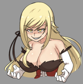 1girl bare_shoulders basukechi blonde_hair breasts cleavage commentary elbow_gloves evil_grin evil_smile gloves grey_background grin hair_ribbon kiss-shot_acerola-orion_heart-under-blade kizumonogatari large_breasts long_hair monogatari_(series) oshino_shinobu pointy_ears ribbon smile solo very_long_hair white_gloves yellow_eyes