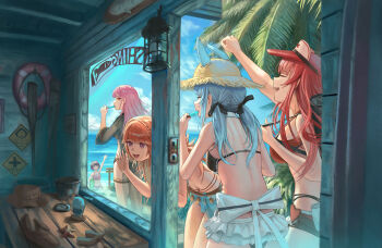 5girls absurdres animal_ears ass bare_shoulders beach bikini blue_hair breasts brown_hair closed_eyes day food frilled_bikini frills hat highres hololive hololive_english holonatsu_paradise houshou_marine long_hair looking_back medium_breasts medium_hair mori_calliope multiple_girls navel ninomae_ina'nis ocean open_mouth orange_hair outdoors pink_eyes pink_hair popsicle rabbit_ears red_hair short_hair swimsuit takanashi_kiara teeth twckb usada_pekora waving