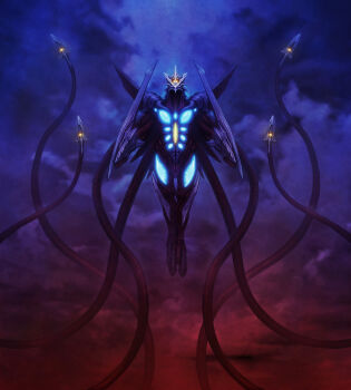 absurdres arm_blade bioluminescence blue_sky cloud cloudy_sky daiei_film energy energy_ball epic floating flying gamera_(series) gamera_3:_revenge_of_iris giant giant_monster glowing glowing_eyes highres hooves iris_(gamera) kaiju katou_yuu levitation looking_at_viewer monster multicolored_sky muscular muscular_arms muscular_legs night no_humans overcast pectorals purple_sky red_sky sky tentacles two-tone_sky variant_set weapon yellow_eyes