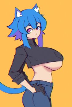 1girl animal_ear_fluff animal_ears black_gloves black_shirt blue_hair blue_pants breasts cat_ears cat_girl cat_tail closed_mouth collared_shirt cowboy_shot cropped_shirt doce female_focus freckles from_side gloves hair_between_eyes hands_on_own_hips highres looking_at_viewer midriff original pants pink_eyes shirt short_hair simple_background solo tail underboob xiao_(docecaedrus) yellow_background
