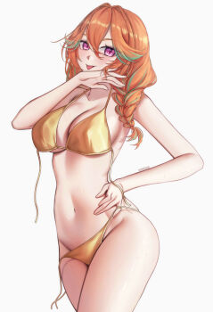 1girl :p bikini braid breasts cleavage cowboy_shot gold_bikini green_hair groin hand_on_own_hip hand_up highres hololive hololive_english large_breasts multicolored_hair navel open_clothes orange_hair purple_eyes simple_background solo stomach streaked_hair swimsuit takanashi_kiara tongue tongue_out twin_braids two-tone_hair untied_bikini virtual_youtuber vonshia white_background