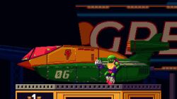 1boy alien animated boots f-zero f-zero_x fireworks full_body gloves gun handgun leaning_against_vehicle leaning_back looking_at_viewer mootabisque nintendo nintendo_64_controller pico_(f-zero) pistol pixel_art solo spinning_weapon tagme turtle_shell vehicle video weapon wild_goose yellow_eyes