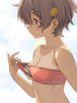 1girl bikini bikini_top_pull black_hair commentary_request dark-skinned_female dark_skin food-themed_hair_ornament from_side fukaku-tei hair_ornament lemon_hair_ornament make_heroine_ga_oo_sugiru! orange_bikini pulling_own_clothes purple_eyes short_hair simple_background solo strapless strapless_bikini swimsuit tan upper_body yakishio_lemon