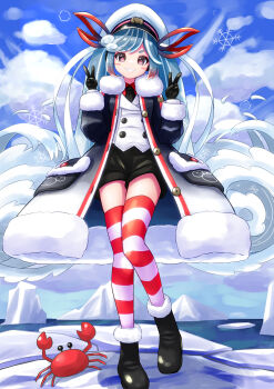 1girl absurdres aqua_eyes aqua_hair arm_up black_coat black_gloves black_necktie black_shorts blush coat collared_shirt commentary_request crab double_v full_body fur-trimmed_coat fur-trimmed_sleeves fur_trim gloves gradient_hair hair_between_eyes hair_ornament hair_ribbon hat hatsune_miku highres ikraaa_204 jacket jumping long_hair long_sleeves looking_at_viewer multicolored_hair necktie official_alternate_costume official_alternate_hairstyle peaked_cap red_ribbon red_shirt ribbon sailor_hat shirt short_shorts shorts striped_clothes striped_thighhighs thighhighs twintails v very_long_hair vocaloid white_hair white_jacket yuki_miku yuki_miku_(2022) zettai_ryouiki