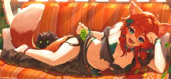 1girl :d absurdres animal_ear_fluff animal_ear_piercing animal_ears anklet artist_name asymmetrical_clothes bandeau bead_anklet bead_necklace beads blue_eyes breasts brown_bandeau brown_hair brown_tube_top commentary couch diamond-shaped_pupils diamond_(shape) elbow_rest english_commentary fang food food_in_mouth fruit grapes hair_between_eyes hair_ornament highres jewelry large_breasts leaf_bra leaf_hair_ornament leaf_pasties long_hair looking_at_viewer lying mozumi_pichi mozumi_pichi_(1st_costume) mozzumite_(mozumi_pichi) navel necklace on_side open_mouth paw_print paw_tattoo red_pupils shoulder_tattoo single_bare_foot single_pantsleg smile solo stomach strapless symbol-shaped_pupils tail tattoo tube_top v-dere virtual_youtuber wolf_ears wolf_girl wolf_tail wristband yoako