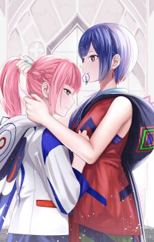 2girls absurdres adjusting_another's_hair adjusting_hair bare_shoulders blue_hair breasts eyebrows_hidden_by_hair from_side hair_tie hair_tie_in_mouth highres hood hoodie kaf_(kamitsubaki_studio) kamitsubaki_studio kizakura_art long_hair medium_breasts mouth_hold multicolored_hair multiple_girls nail_polish pink_hair red_hair rim_(kamitsubaki_studio) short_hair sleeveless virtual_youtuber yuri