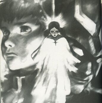 1girl 2boys amuro_ray bindi char_aznable dress gundam lalah_sune mask mobile_suit_gundam monochrome multiple_boys terada_katsuya