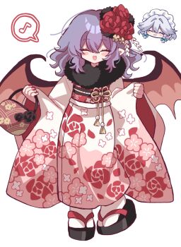 Rule 34 | 2026, 2girls, bag, blue hair, braid, closed eyes, commentary request, eighth note, floral print, floral print kimono, full body, fur-trimmed kimono, fur trim, furiba 794, furisode, grey hair, hair between eyes, handbag, highres, holding, holding bag, izayoi sakuya, japanese clothes, kimono, maid headdress, multiple girls, musical note, new year, obi, open mouth, pink kimono, pointy ears, print kimono, red nails, remilia scarlet, sandals, sash, short hair, simple background, smile, solo focus, speech bubble, spoken musical note, touhou, twin braids, white background, wide sleeves