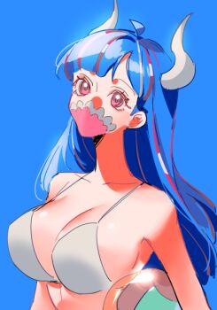 1girl ball beachball bikini blue_hair breasts curled_horns holding holding_ball holding_beachball horns large_breasts long_hair looking_at_viewer mask mouth_mask one_piece pink_eyes pink_mask pink_streaks raine_(acke2445) solo swimsuit ulti_(one_piece) white_bikini white_horns