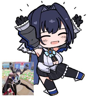 1girl blue_hair breasts chibi hair_intakes hololive hololive_english large_breasts long_hair mori_calliope multiple_girls oscar_get ouro_kronii scene_reference smile virtual_youtuber