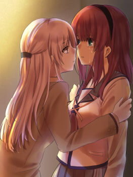 Rule 34 | 2girls, angel beats!, arms at sides, backlighting, black hairband, blue sailor collar, blue skirt, blunt bangs, commentary request, cowboy shot, crying, crying with eyes open, eyes visible through hair, face-to-face, from side, grabbing another's arm, green eyes, hair between eyes, hairband, half updo, hands up, heart, highres, jacket, long hair, looking at another, medium hair, multiple girls, nakamura yuri, negiko123123, nose, parted lips, pleated skirt, ponytail, profile, purple hair, sailor collar, sailor shirt, school uniform, shinda sekai sensen uniform, shirt, short ponytail, sidelocks, skirt, spoken heart, straight hair, tachibana kanade, tears, upturned eyes, white hair, white shirt, yellow eyes, yellow jacket
