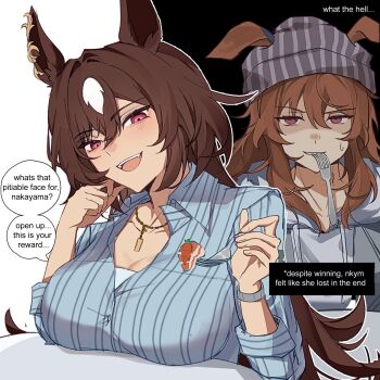 2girls :d animal_ears beanie blue_shirt breasts brown_hair cleavage collared_shirt commentary drawstring ears_down english_commentary english_text food fork fruit grey_hoodie hair_between_eyes hat highres holding holding_fork hood hoodie horse_ears horse_girl jenn_(sinclairfan1) jewelry large_breasts long_hair long_sleeves looking_at_viewer mouth_hold multicolored_hair multiple_girls nakayama_festa_(casual)_(umamusume) nakayama_festa_(umamusume) necklace open_mouth purple_eyes shirt sirius_symboli_(casual)_(umamusume) sirius_symboli_(umamusume) smile speech_bubble strawberry striped_clothes striped_shirt teeth teeth_hold two-tone_hair umamusume upper_teeth_only utensil_in_mouth watch white_hair wristwatch