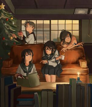 absurdres adapted_costume ayanami_(kancolle) ayanami_kai_ni_(kancolle) black_sailor_collar blue_sailor_collar blue_skirt braid brown_eyes brown_hair christmas_tree commentary_request couch highres i-401_(kancolle) indoors isonami_(kancolle) kantai_collection kuragare light_bulb low_twintails miyuki_(kancolle) ponytail sailor_collar school_uniform serafuku side_ponytail skirt slice_of_life tan twin_braids twintails winter