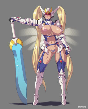 1girl alternate_breast_size_(larger) angel_blade armor artist_name bishoujo_senshi_sailor_moon blonde_hair breasts commentary crescent dmitrys eternal_sailor_moon full_body garter_straps gloves grey_background helmet huge_breasts lips long_hair looking_at_viewer navel nipples pubic_tattoo purple_eyes pussy revealing_clothes sailor_moon solo sword tattoo thighhighs tsukino_usagi twintails very_long_hair weapon