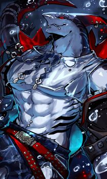 1boy abs air_bubble artist_name bara black_jacket black_sclera bubble colored_sclera commentary crop_top dislyte dorsal_fin fin_piercing fins fish_tail furry furry_male hashtag-only_commentary highres jacket looking_at_viewer male_focus muscular muscular_male pectorals profile red_eyes sa-dui shark_boy shark_fin shark_tail smile tail tetsuya_(akuru)_(dislyte)