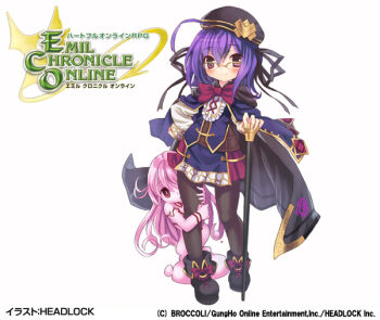 Rule 34 | 2girls, ahoge, artist request, black boots, black hat, black pantyhose, black ribbon, blue cloak, blue skirt, body markings, boots, bow, bowtie, cane, cloak, colored skin, company name, copyright logo, copyright notice, emil chronicle online, frilled shirt, frills, glasses, hair ribbon, hat, holding, holding another's leg, holding cane, logo, long hair, monster girl, multicolored skirt, multiple girls, official art, pantyhose, paracelsus lore, pink hair, pink skin, purple bow, purple hair, purple skirt, red eyes, ribbon, shirt, skirt, slime girl, white background, white shirt, white skirt