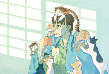 Rule 34 | 1boy, :<, animal, animal on head, animal on shoulder, azuma kiyohiko, blanket, brown eyes, brown hair, cat, cat on head, cat on shoulder, closed mouth, collarbone, colored sclera, cup, end card, from side, holding, holding cup, long sleeves, looking to the side, looking up, mug, non-web source, on head, pajamas, sangatsu no lion, shimada kai, short hair, sitting, too many, too many cats, triangle mouth, yellow sclera, | |