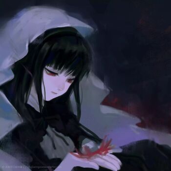 Rule 34 | 1girl, akemi homura, akemi homura (black dress), alternate costume, black bow, black dress, black hair, black hairband, blunt bangs, bow, bowtie, chinese commentary, chinese text, colored skin, commentary request, dress, flower, funeral dress, hairband, half-closed eyes, holding, holding flower, homulilly, long hair, looking down, mahou shoujo madoka magica, mahou shoujo madoka magica: hangyaku no monogatari, purple background, red eyes, red flower, sidelocks, simple background, solo, spider lily, veil, very long hair, watercolor effect, watermark, web address, white skin, xiaoxiao (15991743)