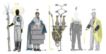 Rule 34 | 5boys, arm warmers, barefoot, belt, belt buckle, black arm warmers, black hair, blue belt, boots, brown jacket, brown pants, buckle, chinese commentary, collared shirt, commentary, english commentary, faceless, faceless male, full body, grey pants, grey sleeves, gun, hard hat, hat, helmet, highres, holding, holding gun, holding hose, holding weapon, hose, jacket, long sleeves, male focus, mixed-language commentary, multiple boys, norizc, original, pants, pocket, rubber boots, shirt, short hair, short sleeves, simple background, towel, towel around neck, uniform, upside-down, weapon, white background, white hat, white shirt, white sleeves