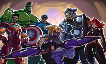 1girl armor avengers_(series) black_widow blonde_hair blue_eyes breasts captain_america cleavage clint_barton electricity gloves hammer hawkeye_(marvel) highres hulk iron_man iron_man_(series) long_hair looking_at_viewer marvel marvel_rivals mask mjolnir_(marvel) multicolored_armor natasha_romanoff power_armor red_armor shield steve_rogers superhero_costume the_avengers_(2012) tina_fate tony_stark yellow_armor