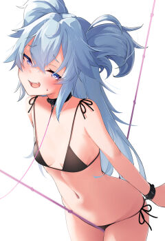 1girl absurdres bikini black_bikini blue_eyes blue_hair breasts collar commentary_request florence_(neural_cloud) girls'_frontline girls'_frontline_neural_cloud heart heart-shaped_pupils highres leash long_hair looking_at_viewer navel pa-15_(girls'_frontline) small_breasts smile solo swimsuit symbol-shaped_pupils watch wristwatch y_kimisaki