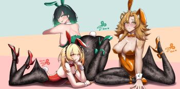 3girls absurdres animal_ear_fluff black_hair black_pantyhose blonde_hair bow bowtie breasts cersea_soulstorm chromashift cleavage clero_(viprimo) floral_print floral_print_pantyhose gradient_hair green_eyes green_hair green_leotard high_heels highres hyena_ears hyena_girl lace_pantyhose_hooked_on_heel_(meme) leotard long_hair looking_back meme multicolored_hair multiple_girls orange_bow orange_bowtie orange_hair orange_leotard orange_shoes pantyhose playboy_bunny pointy_ears rabbit_tail red_bow red_bowtie red_leotard red_shoes ruby_runeheart shoes short_hair strapless strapless_leotard tail white_wrist_cuffs wrist_cuffs yena_youngblood