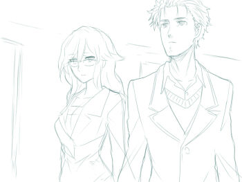 1boy 1girl beard_stubble breasts collarbone commentary_request dress facial_hair formal_clothes glasses highres jacket kiryuu_moeka long_hair long_sleeves medium_breasts menomorute monochrome okabe_rintarou okabe_rintarou_(beta) science_adventure short_hair simple_background steins;gate steins;gate_0 stubble suit upper_body