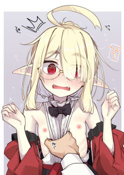 1boy 1girl @_@ ahoge airi_(ogami_kazuki) bags_under_eyes black_bow black_bowtie blush bow bowtie detached_sleeves embarrassed eyes_visible_through_hair fangs flat_chest glasses grey_background hair_over_one_eye highres nipples ogami_kazuki original outside_border pointy_ears red_eyes rimless_eyewear simple_background surprised upper_body