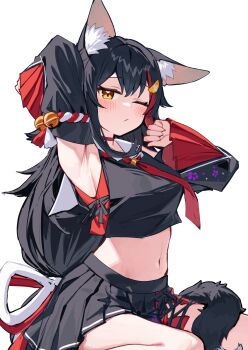 1girl ;/ absurdres animal_ears arm_behind_head arm_up armpits bell black_hair black_serafuku black_shirt black_skirt black_sleeves blush choker closed_mouth commentary cropped_shirt cross-laced_slit deaver detached_sleeves double-parted_bangs floral_print hair_between_eyes hair_ornament hairclip hand_up highres hololive jingle_bell kouhaku_nawa long_hair looking_at_viewer low-tied_long_hair midriff miniskirt multicolored_hair navel necktie ookami_mio ookami_mio_(1st_costume) pleated_skirt red_choker red_hair red_necktie rope sailor_collar school_uniform serafuku shimenawa shirt side_slit sidelocks simple_background skirt sleeveless sleeveless_shirt solo streaked_hair tail tail_around_own_leg very_long_hair virtual_youtuber white_background white_sailor_collar wolf_ears wolf_girl wolf_tail yellow_eyes