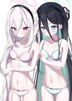 2girls absurdres adjusting_another's_hair aris_(blue_archive) black_hair black_hairband blue_archive blue_eyes blush bow bow_bra bow_panties bra breasts bright_pupils collarbone commentary_request double-parted_bangs hair_between_eyes hairband half_updo halo highres kei_(blue_archive) long_hair long_hair_between_eyes looking_down multiple_girls navel one_side_up panda_90321 panties print_bra print_panties red_eyes ringed_eyes simple_background small_breasts smile stomach thighs underwear underwear_only very_long_hair white_background white_hair white_pupils