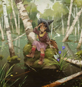 1girl artist_name axe backpack bag bandaged_hand bandages birch_tree black_shirt boots brown_boots brown_hair bug chinstrap commentary dragonfly english_commentary flower full_body grass grey_sky hand_in_own_hair hat holding holding_axe insect jacket leaf light_frown lily_pad log messy_hair mushroom on_ground one_eye_closed original outdoors padded_jacket purple_flower purple_skirt red_socks ripples sarah_webb scarf shirt short_hair sitting skirt sky socks solo tree unworn_backpack unworn_bag water watermark web_address wetland white_flower witch_hat yellow_scarf