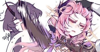 Rule 34 | 2girls, adjusting hair, bilizinger, black gloves, black shrug, blank eyes, breasts, chinese commentary, commentary request, elf, elysia (honkai impact), elysia (miss pink elf) (honkai impact), gloves, hair ornament, honkai (series), honkai impact 3rd, horns, long hair, meme, multiple girls, naoya hitting choso without looking (meme), open mouth, parted lips, pink hair, pointy ears, purple hair, raiden mei, raiden mei (herrscher of thunder), rapid punches, shrug (clothing), very long hair